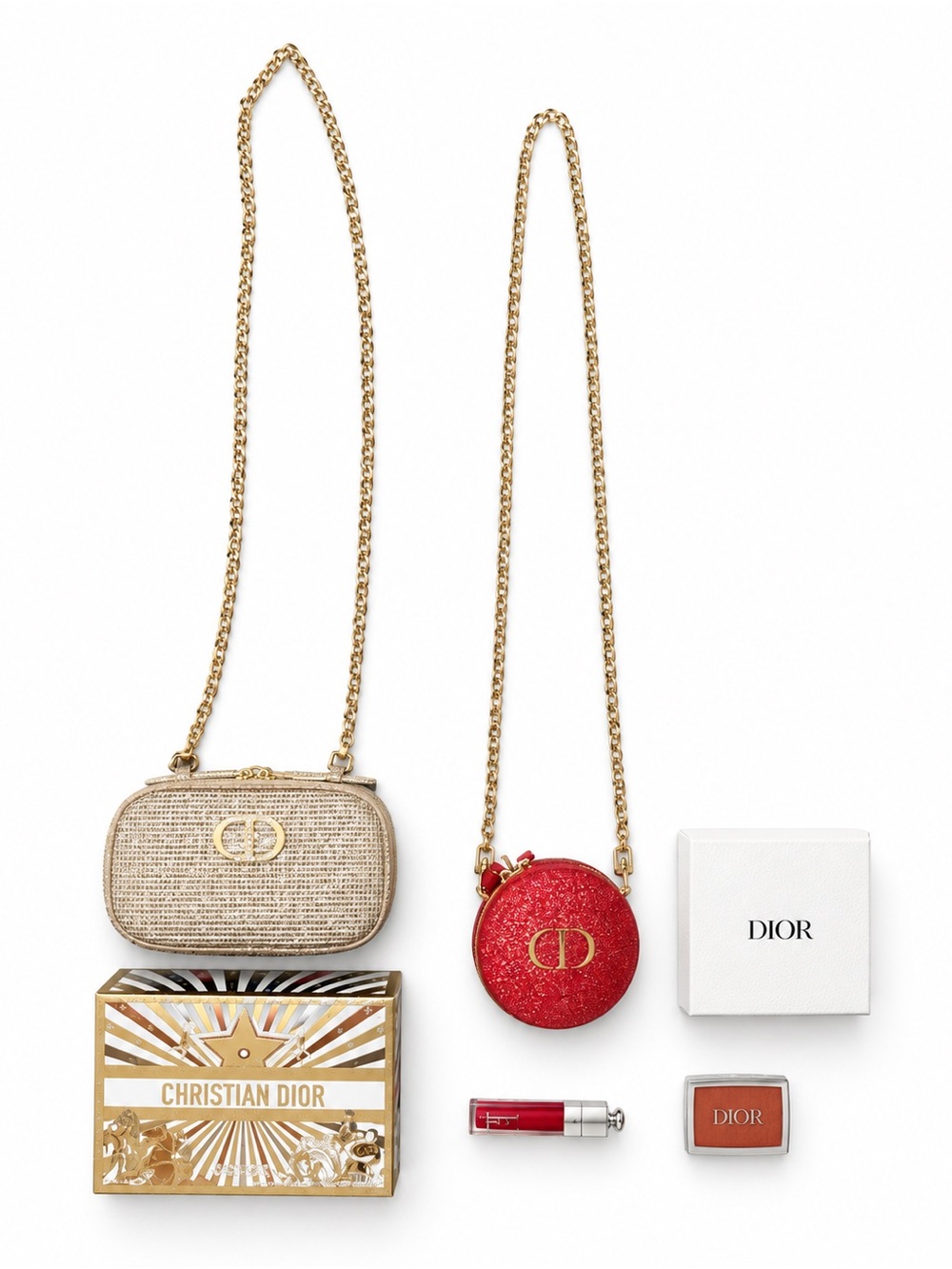 NWT Dior Beauty Bundle 2 GWP Mini Bags Lip Maximizer Blush Gold Chain